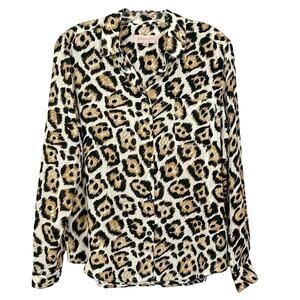 Philosophy Womens Leopard Print Collared Button-Up Blouse Brown Black Size Small